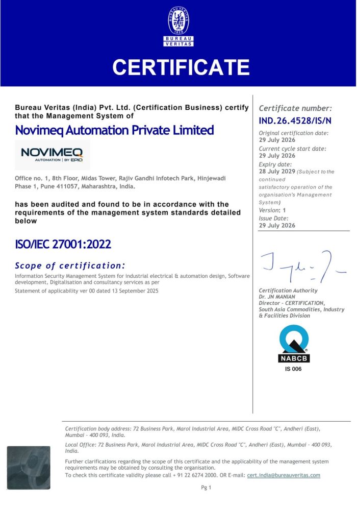 Novimeq Automation ISO IEC 27001 2022 - Industrial automation